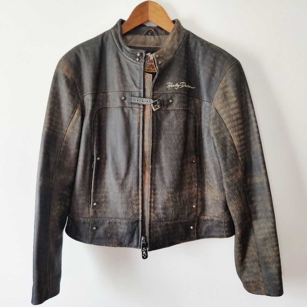 RARE Brown Vintage Distressed Harley Davidson Leather Riding Motorcycle Jacket